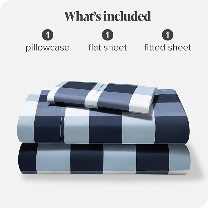 Bare Home Twin Sheet Set - Luxury 1800 Ultra- Soft Double Brushed Microfiber - Deep Pockets - Easy Fit - 3 Piece Bedding Sheet Set (Twin, Gingham Blue)