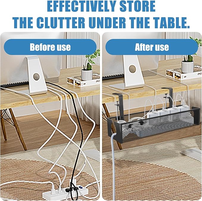 Under Desk Cable Management Tray, No Drill Steel Cord Organizer Kit with 52Pcs Different Essential Accessories for Home Office Standing Desk (13.4inch, Black)