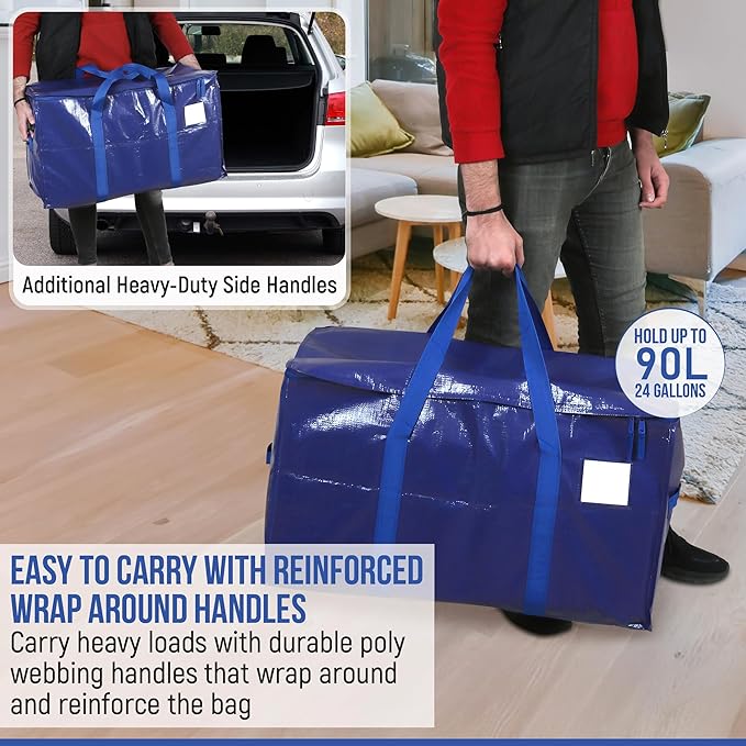 Yan & Hin Extra Large Moving Bags Heavy Duty 2 Pack, 90L Storage Bags for Moving with Zipper & Reinforced Handles, College Dorm Moving Bags, Reusable Packing Bags for Clothes, Blankets, Organization
