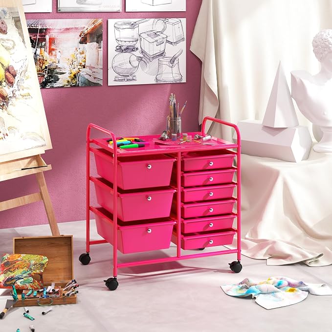 RELAX4LIFE 9 Drawer Rolling Storage Cart - Mobile Drawer Carts for Craft Art Supply Paper Salon, Utility Cart on Wheels for Classroom Teacher School Office, Rolling Cart with Drawers (Hot Pink)