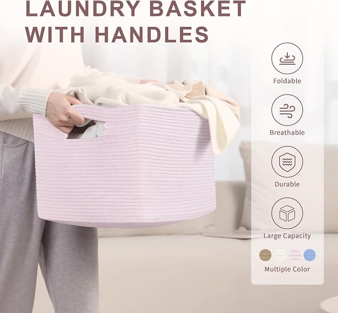 45L Small Woven Laundry Basket Hamper with Handles, Pink | 18"x14"x11", collapsible wicker hamper, storage for dirty clothes, toys, blankets, gifts, living room, bedroom, bathroom
