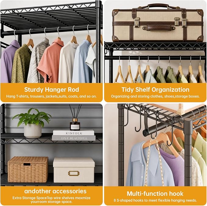 Kryonix 900lbs Expandable Garment Rack - Black | Adjustable 70"-88.2" wide with 5 rods & 6 shelves. 900lbs cap. Freestanding metal closet organizer for bedroom laundry.