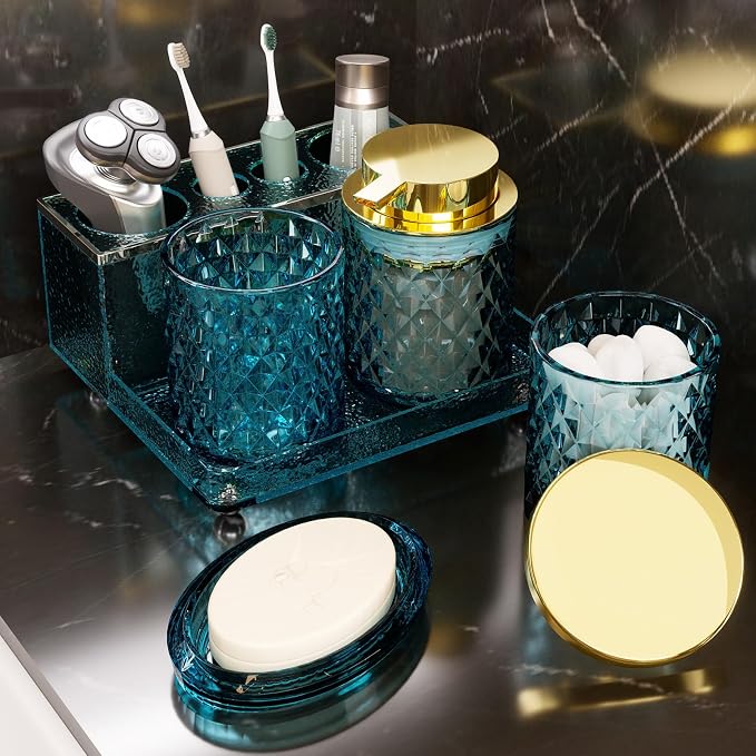 Glass Bathroom Accessories Set 5Pcs Crystal - Foaming Soap Dispenser, Soap Dish, Cup, Acrylic Toothbrush Holder with Tray Organizer, Qtip Jar, Bathroom Counter Set Sink Decor (Teal)
