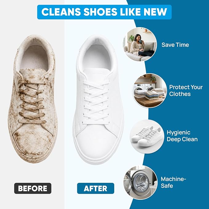 Kalitease Shoe Washing Bag – 2Pcs Reusable Shoe Laundry Bags for Sneakers, 360° Deep Cleaning, Secure Lock Sneaker Washing Machine Bag with 6 Deodorizer Balls & Shoe Trees (white)