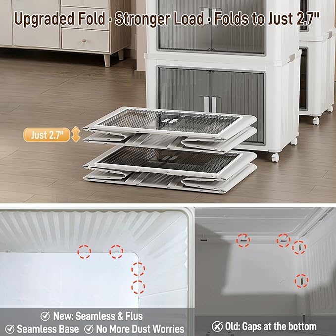 Folding Storage Bins with Lids, 4-Pack Top & Front Opening Stackable Organizer, Total 280qt, for Bedroom Living Room Kitchen Office Bathroom, White, 22"x13.6"x13.8" Each