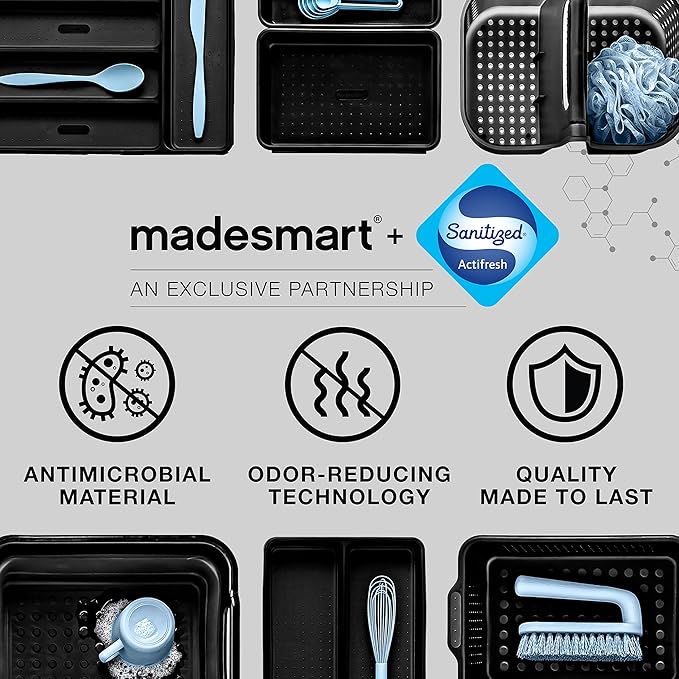 madesmart Premium Small 2 Tier Organizer, Under Cabinet Storage with Sliding Drawers, for Cleaning Supplies, Pantry, Sponges, Bottles, Adjustable Dividers & Pull Out Sliding Baskets, Carbon