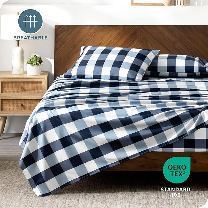 Bare Home Split Head Flex King Sheet Set - Luxury 1800 Ultra- Soft Double Brushed Microfiber - Deep Pockets - Easy Fit - 4 Piece Bedding Sheet Set (Split Head Flex King, Gingham Blue)
