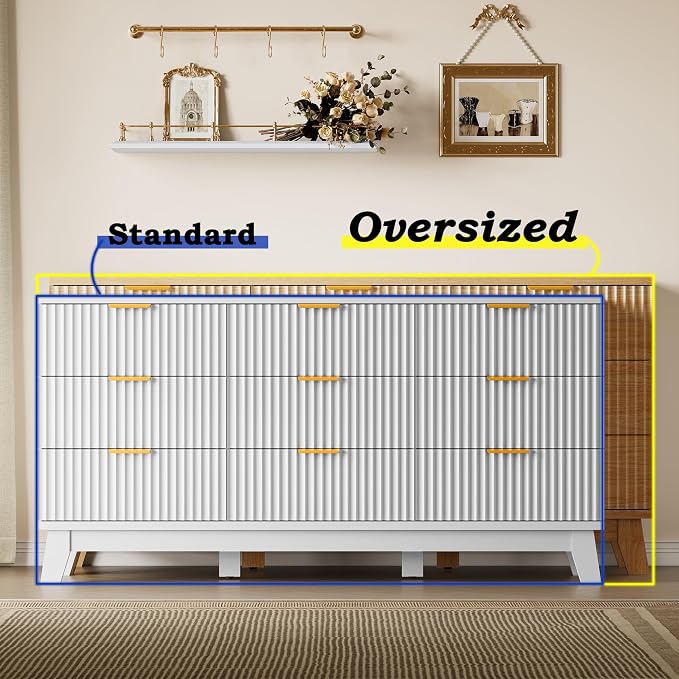 BORNOON Fluted 9 Drawer Dresser, 57.1" Wide Modern Boho Chest of Drawers, Wooden Storage Dresser TV Stand for Bedroom, Living Room, Closet, Hallway, Curved Profile Design