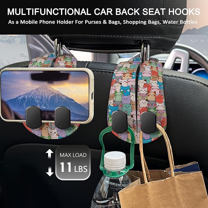 Blusabaca 2PCS Car Seat Headrest Hooks, Purses Bags Holder, Cute Cats | PU Leather, Double Metal Back Storage Hangers for Grocery Bags Handbags Bottles Coats Phones, Car Accessories Organization