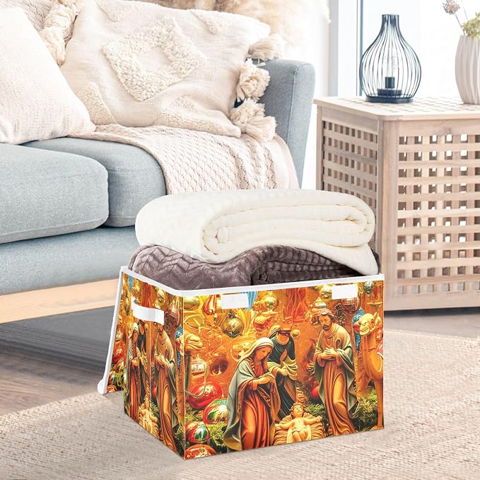 Nativity Scene Art Lidded Storage Bins with Handles - 16.5"x12.6"x11.8" Foldable Organizing Box, Oxford Fabric & Honeycomb Board, Dust-Proof Flip Lid for Closet/Office