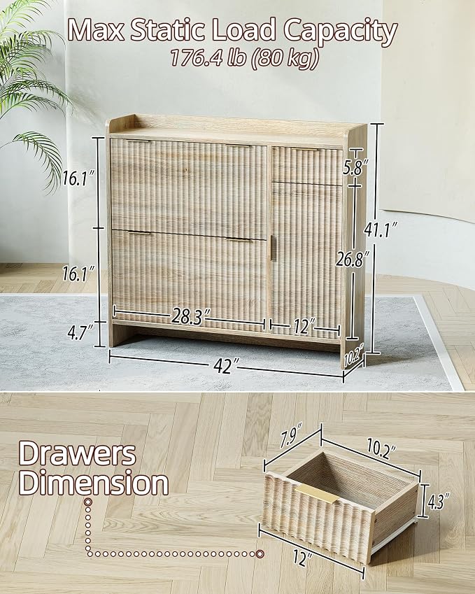 TIQLAB Modern Fluted Shoe Storage Cabinet with 2 Flip Drawers & Sliding Door, Wide Freestanding Shoe Organizer for Entryway, Hallway, 42 inch, Natural Oak