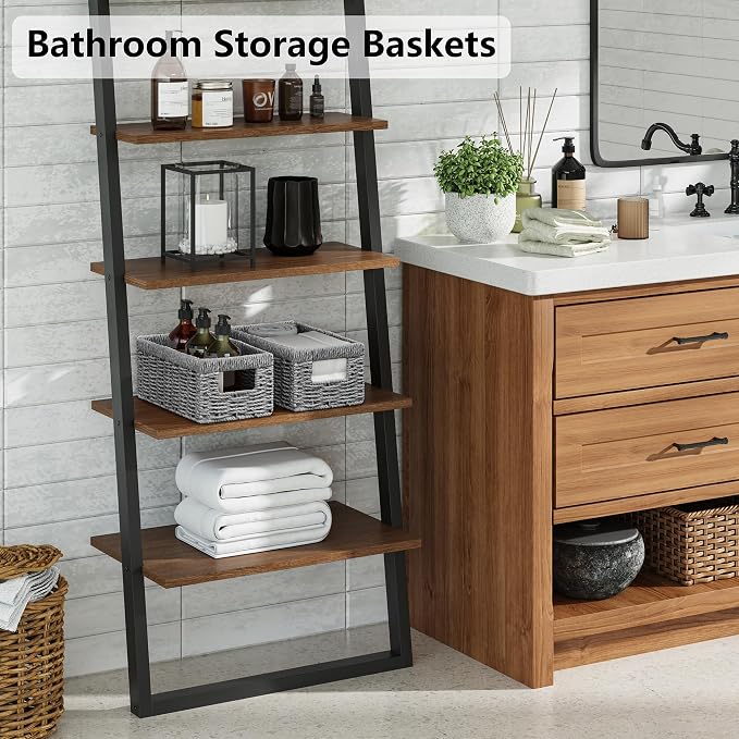 Vagusicc Wicker Storage Basket, Set of 2 Hand Woven Wicker Baskets for Organizing with Handles, Decorative Small Storage Bins for Countertop Toilet Paper Basket for Toilet Tank Top Shelves, Grey