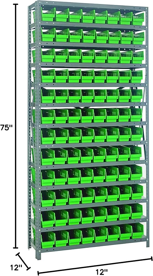 Quantum Storage Systems 1275-101GN Steel Shelving Unit with 4" Shelf Bins, 12" D x 36" W x 75" H, Green