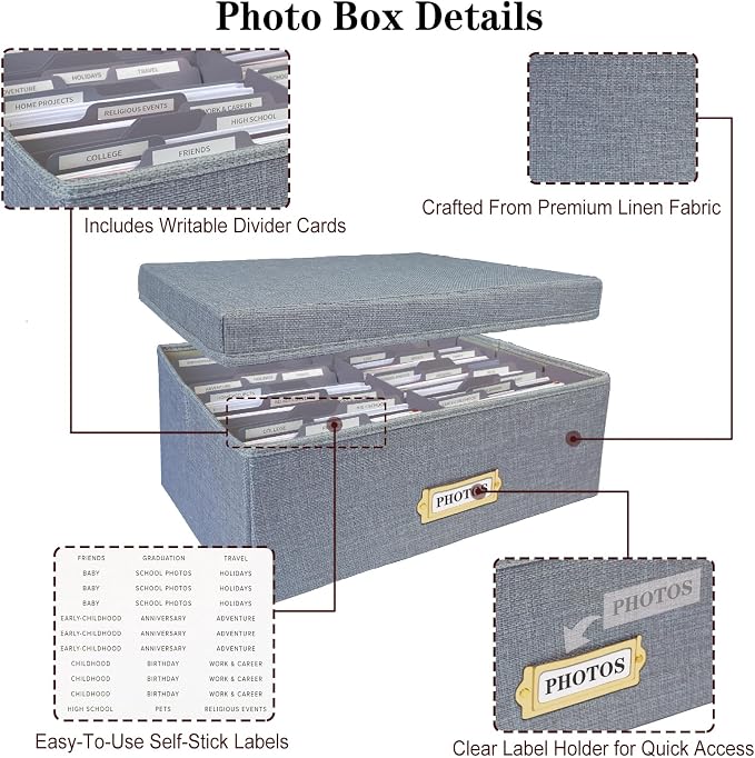 Linen Photo Storage Box – Holds 1700 Photos, Photo Organizer with Lid for Photo, Pictures, 24 Adjustable Dividers & 72 Labels Multi-Use Organizer Memory Box for Envelopes, Baby, Wedding, Cards Grey