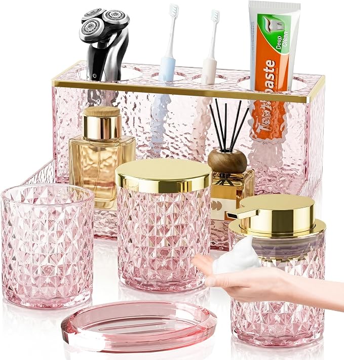 Glass Bathroom Accessories Set 5Pcs Crystal - Foaming Soap Dispenser, Soap Dish, Cup, Acrylic Toothbrush Holder with Tray Organizer, Qtip Jar, Bathroom Counter Set Sink Decor (Pink)