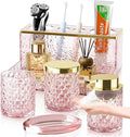 Glass Bathroom Accessories Set 5Pcs Crystal - Foaming Soap Dispenser, Soap Dish, Cup, Acrylic Toothbrush Holder with Tray Organizer, Qtip Jar, Bathroom Counter Set Sink Decor (Pink)