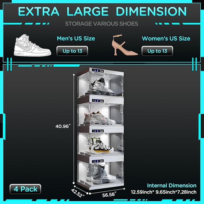 ANTBOX Shoe Organizer LED Smart Control,Auto-Shoe Boxes Clear Plastic Stackable for Sneaker Display Case and Collection Crate,Auto-Opening Shoe Storage Box (4pack) White