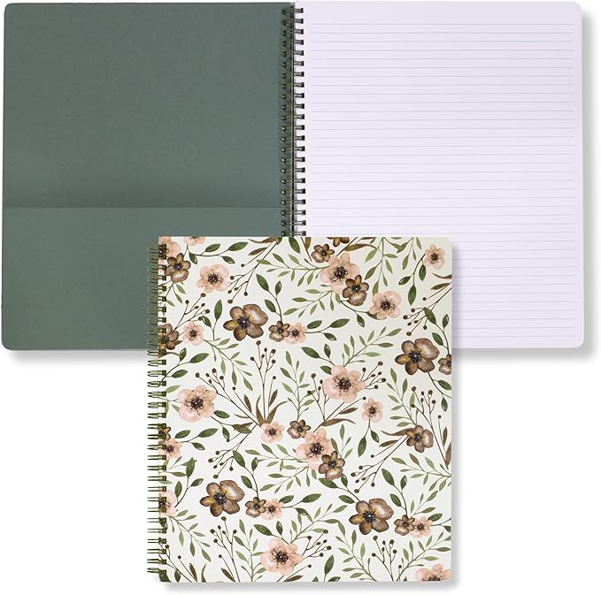 Steel Mill & Co Cute Large Spiral Notebook College Ruled, 11" x 9.5" with Durable Hardcover and 160 Lined Pages, Woodland Floral