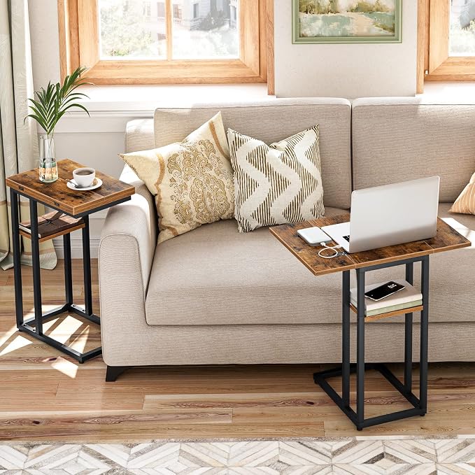 HOOBRO Foldable C Shaped End Table, C Shaped Side Table with Storage Shelf, Small Snack Table, Slide Under Couch Table for Sofa, Living Room Bedroom Small Spaces Easy Assembly, Rustic Brown BF29SF01