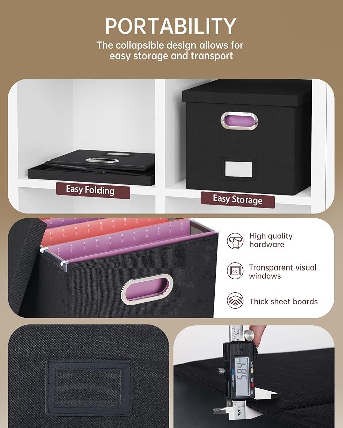 Oterri 2 Pack File Storage Organizer, Filing Box, Portable File Box with Lid, Fit for Letter/Legal File Folder Storage, Document Organizer, Black