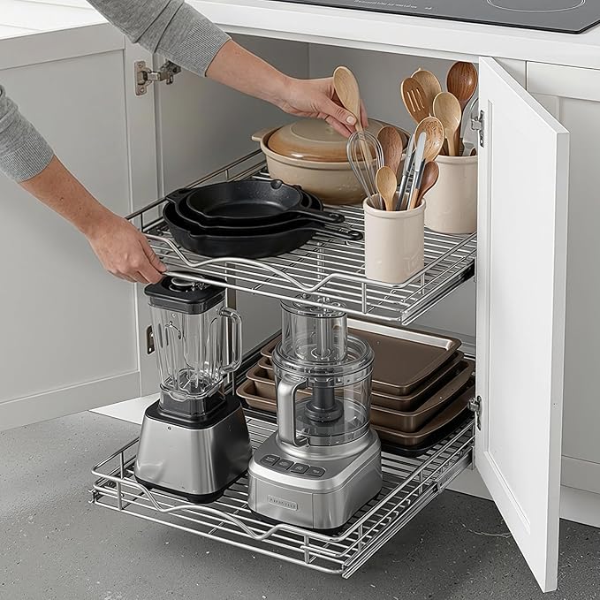 2-Tier Pull-Out Cabinet Organizer with Heavy-Duty Steel Frame, Full-Extension Sliding Shelves, Holds 100 lbs, Easy Install for Kitchen, Pantry & Under Sink Cabinets, 22" W x 21”D x 16.5" H