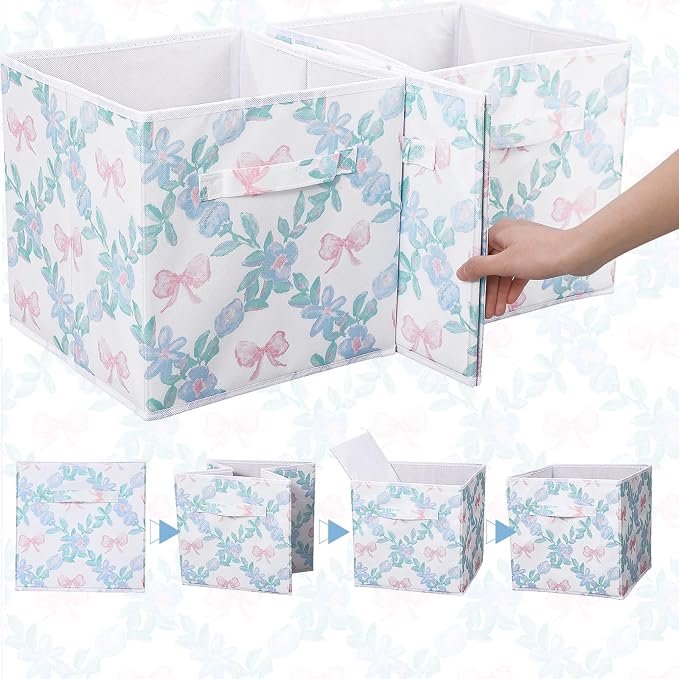Geelin 6 Pcs Blue Floral Bow Cube Storage Bins 11 Inch Blue Flower Storage Basket with Handle, Preppy Girls Organizer Basket, Collapsible Fabric Box for Classroom Bedrooms Office Home Decoration Gift