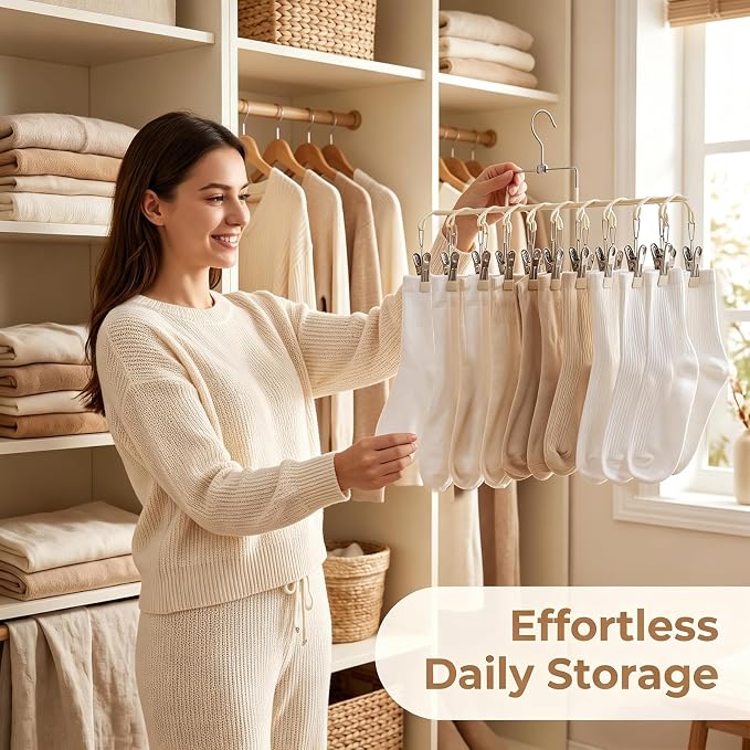 Pants Hangers with 20 Clips, Space Saving Hanging Closet Organizer (Beige) | 360°swivel & non-slip rustproof clips, multi-functional organizer holds leggings, skirts, hats, socks, scarves and lingerie