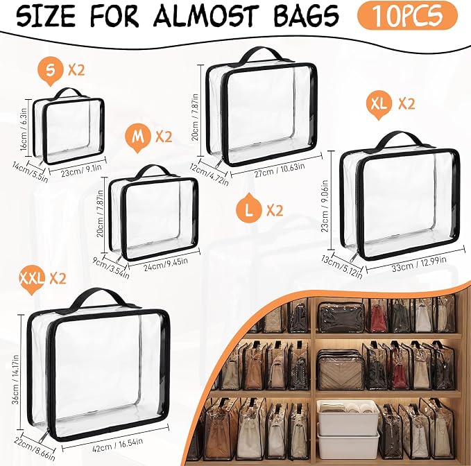 Hsei 10 Clear Dust Bags For Handbags 5-Sizes Fits Mini Wallets Oversized Tote Bags PVC Waterproof Purse Storage Organizers for Luxury Bag Soft Stand-Up with Zipper Handle for Closet Hanging