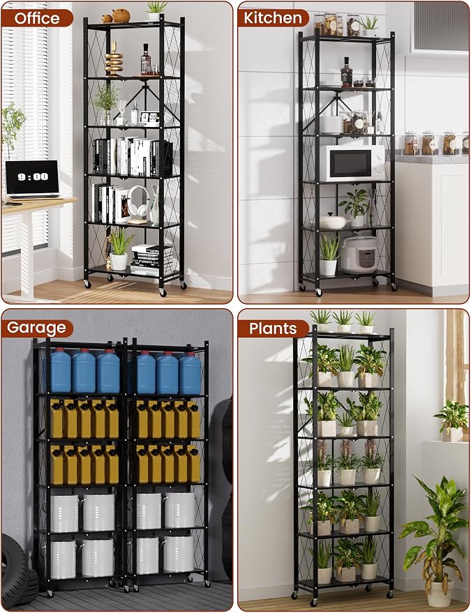 ALANNG 73.6 Inch Folding Bookshelf, 6 Tier Metal Bookcase and Bookshelves | Tall Shelves for Living Room Office Bedroom, Heavy Duty Book Shelve Free Standing Open (Black, 1PACK)