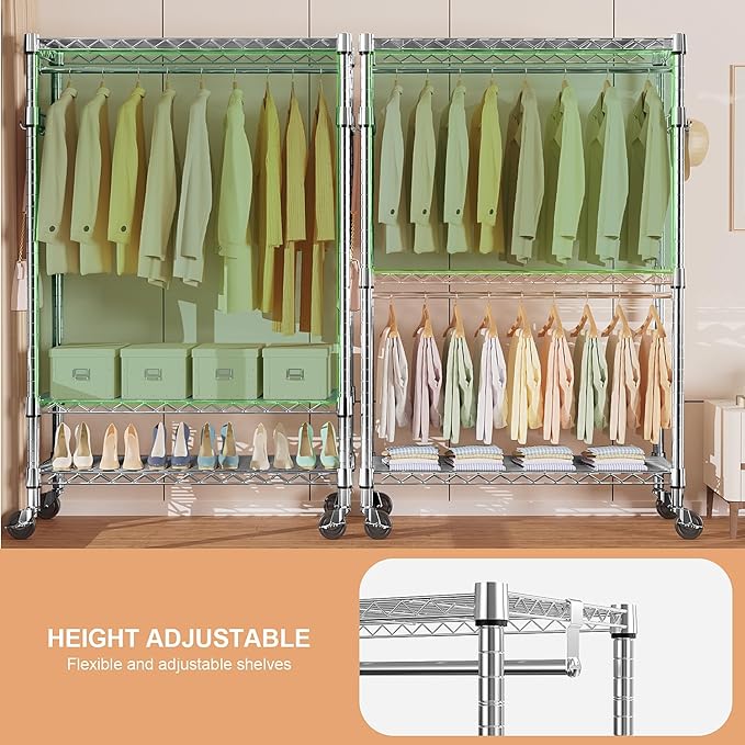 M MZG Heavy Duty Rolling Garment Rack 3 Tiers Adjustable Wire Shelving Clothes Rack with 2 Rods and Side Hooks, Storage Closet Clothing Rack with Wheels Chrome 17.7" D x 47.2" W x 83.6" H