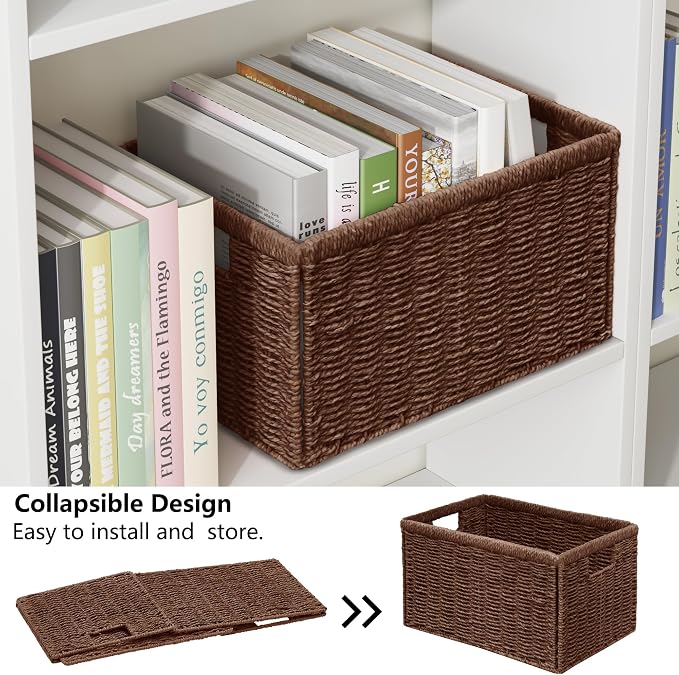 Vagusicc 2 Packs Large Wicker Storage Basket, Closet Storage Baskets Bins for Shelves, Decorative Collapsible Baskets for Organizing Clothes Toy Nursery Bathroom Organizers and Storage, Brown