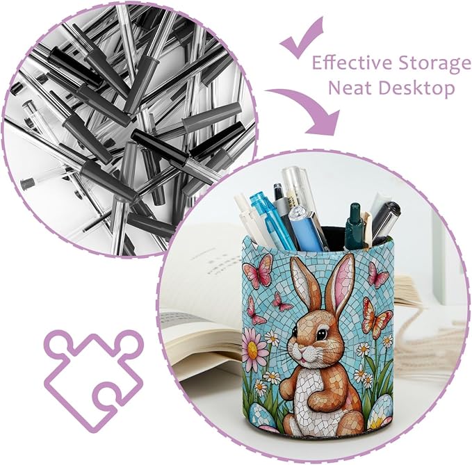 Modern Easter Eggs and Rabbit Pen Holder Pencil Organizer for Desk, 3.1” x 3.1” x 3.9” Pencil Cup Office Supplies, Large Capacity Cute Pen and Makeup Brush Holder for Home, School, Desktop