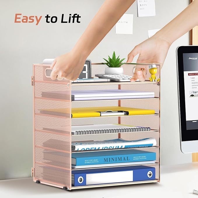 7 Tier Paper Organizer - Mesh Desktop File Holder with Handles for Office School Desk (Rose Gold)