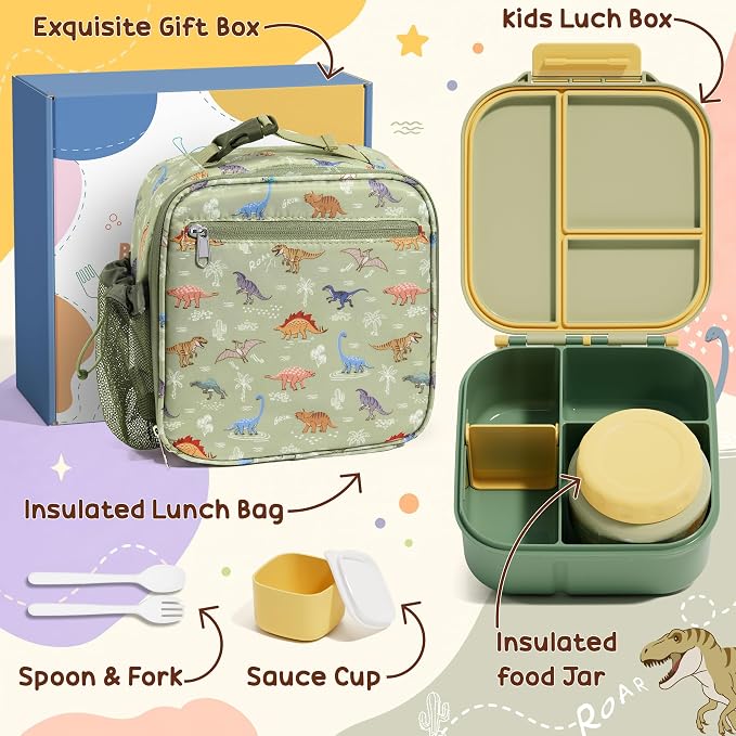 Fimibuke Kids Bento Lunch Box w/ 8.5oz Thermo Food Jar, Insulated Lunch Bag | Leak Proof 3-4 Compartments 60oz Toddler Lunch Food Container with Utensils, Sauce Cup for School Boys Girls, Dishwasher Safe