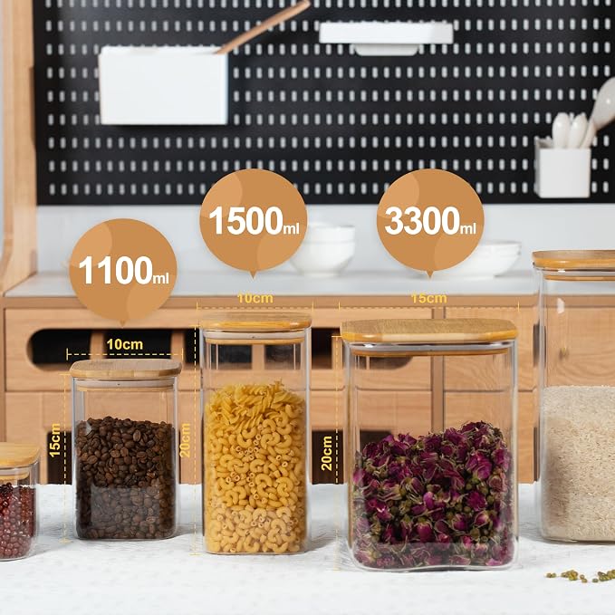 D2scrma 122oz 41oz Airtight Glass Square Storage Canister with Bamboo Lid Set of 2(3600ml*1 1200ml*1) Large Storage Container Gallon Glass Jars, for Sugar, Flour, and Coffee bean (with Black Lable)