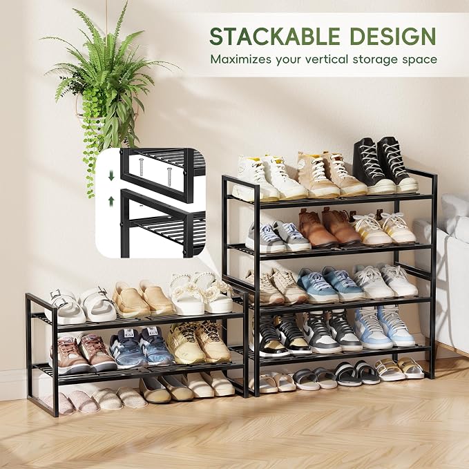 2 Tier Shoe Rack for Closet, 27 Inch Long Square Shoe Storage Organizer for Shelves, Heavy Duty Metal, Easy Assembly Stackable, Black