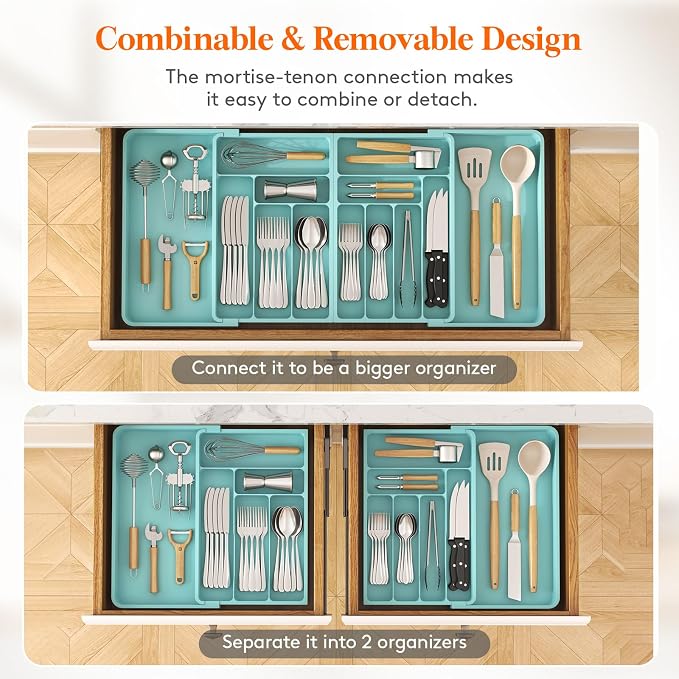 Lifewit Silverware Drawer Organizer, Expandable BPA Free Plastic Utensil Tray for Kitchen, Adjustable Flatware Cutlery Holder for Spoons Forks Knives, 21.3- 36 x 16.9", Turquoise