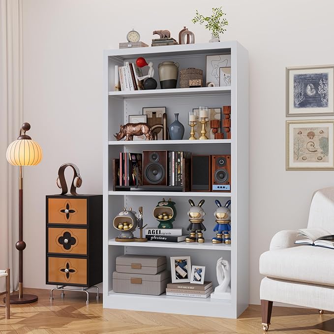66"Heavy-Duty Steel Open Storage Cabinet with Adjustable Shelves, 6-Tier Shelving Unit, Easy Assembly Freestanding Organizer for Garage, Pantry,Office, Living Room (White, 5 Tier-66"Hx 33"W x14"D)
