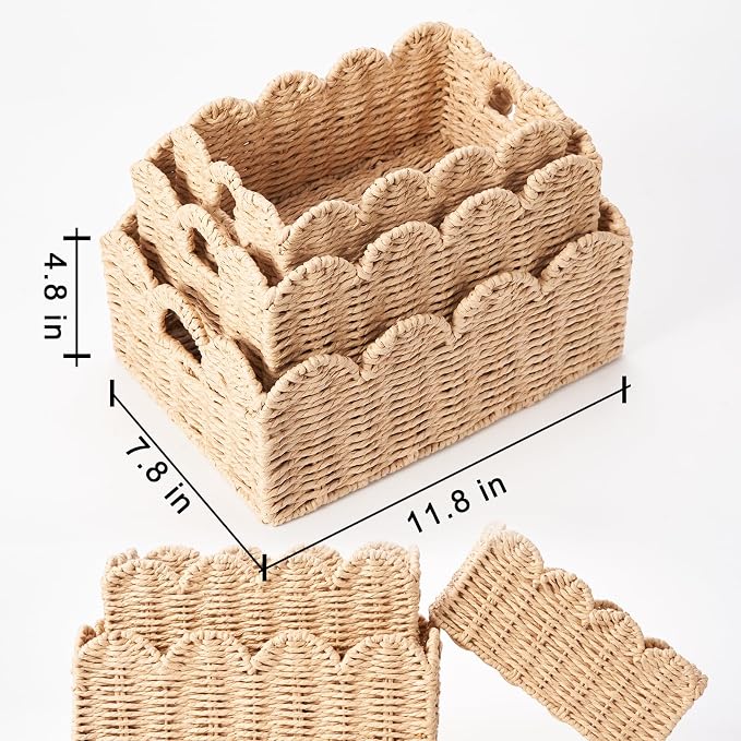 Scalloped Wicker Baskets, Set of 3 Hand-Woven Storage Baskets with Handles - Paper Rope Shelf Organizers & Decorative Baskets for Shelves, Closet, Bathroom (Beige）