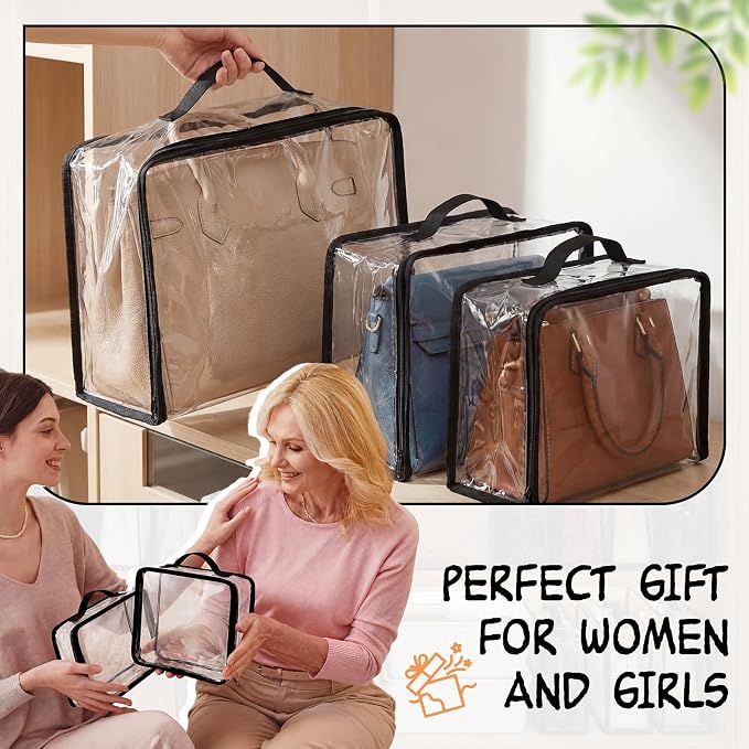 Hsei 12 Pcs Clear Dust Bags For Handbags 4-Sizes Fits Mini Wallets Oversized Tote Bags PVC Waterproof Purse Storage Organizers for Luxury Bag Soft Stand-Up with Zipper Handle for Closet Hanging