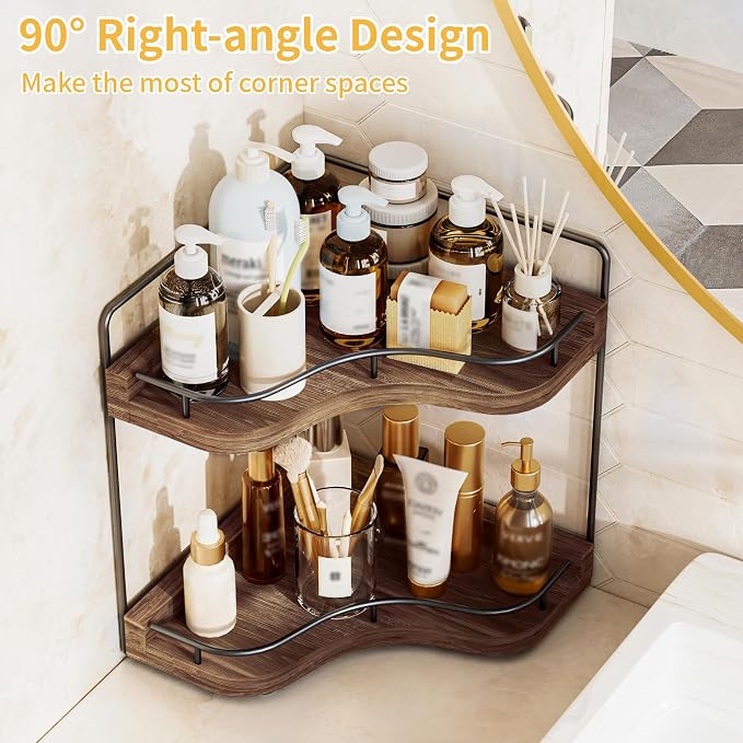 2-Tier Corner Bathroom Counter Organizer for Storage, Dark Brown | Solid Wood, Larger Size, Embedded Screw Holes, sink and Vanity Countertop Organizer for Perfume, Skincare & Makeup Storage