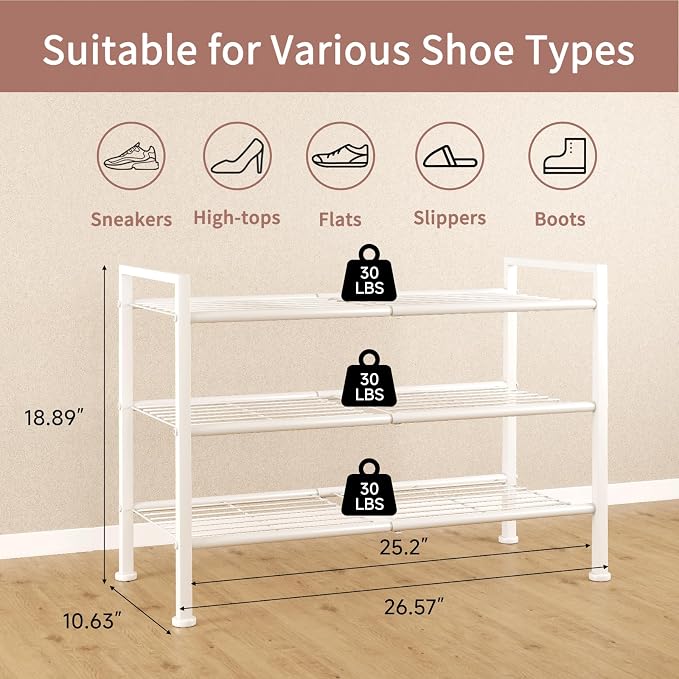 3-Tier Metal Shoe Rack, Heavy Duty Shoe Organizer for Entryway | Storage Organizer for Closet Entryway Garage Dorm Room, Easy Assembly Multi-Purpose Shelf