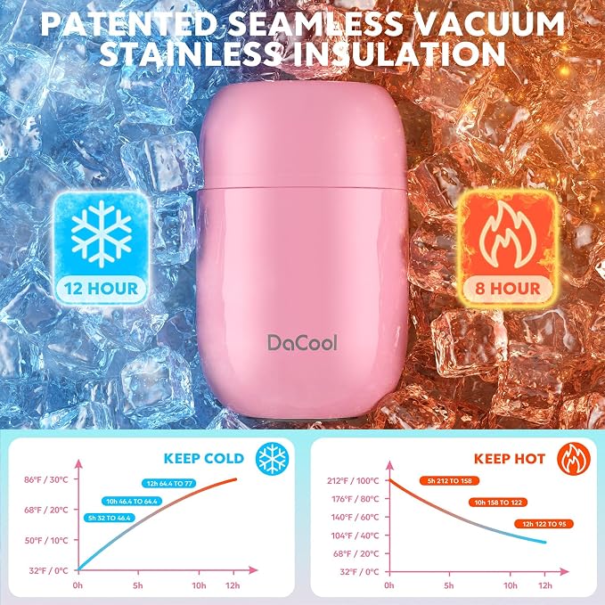 DaCool Insulated Food Jar Food Thermo Kids Thermo for Hot Food 16 oz Stainless Vacuum Bento Lunch Therm for Kids Girls Adult with Spoon Leak Proof for School Office Picnic Travel Outdoors, Pink