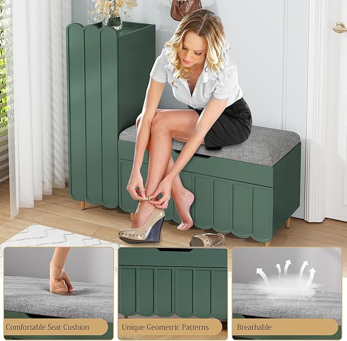 3More Shoe Organizer Cabinet,Entryway Bench with Adjustable Shelves and Cushioned Seat,Unique L-Shaped Bench Cabinet for Entryway, Hallway, Living Room