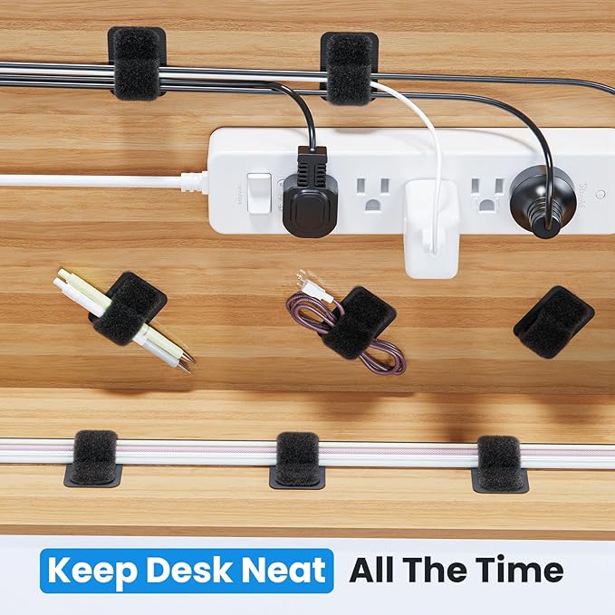 Cable Management Under Desk, 【Up to 15 Cord】【Enhanced Wire Holder】 Cord Organizer Holder, Adjustable Hook and Loop Cable Ties, Wire Clips Under Table Hider, 30 Pair(Black)