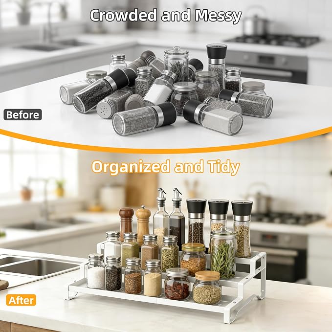 3-Tier Spice Rack Organizer, 13"-21.5" Expandable Spice Organization Shelf, Metal Seasoning Organizer for Kitchen Countertop or Pantry, Slip-Resistant Design for Jars and Bottles, White