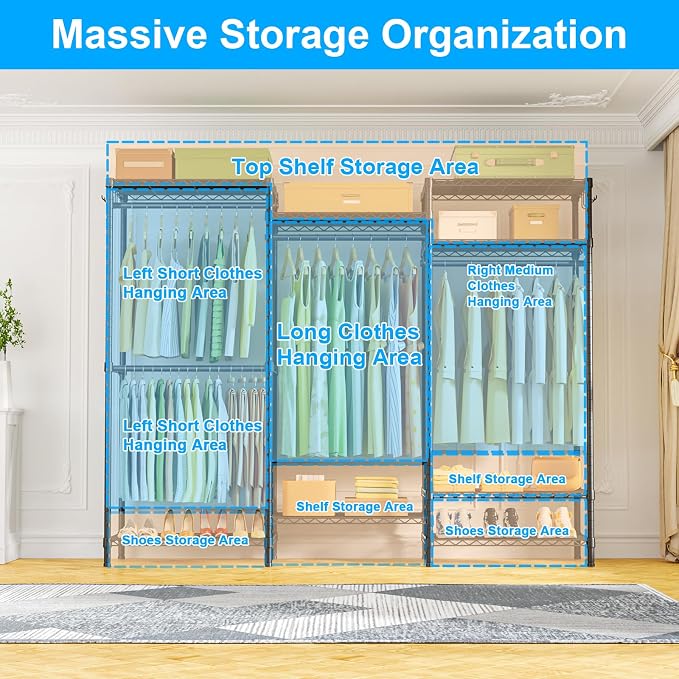 Ulif E13C Heavy Duty Closet Organizer System，Freestanding Clothing Racks for Hanging Clothes，Adjustable Garment Rack 63" W x 16" D x 77" H Hold 960 lbs，Black Clothing Rack with Grey Dustproof Cover