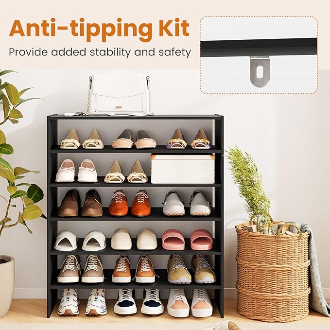 COSTWAY 6-Tier Shoe Rack, Extra Wide Shoe Shelf Organizer with Stackable Design, 31" Freestanding Adjustable Storage Shoe Stand for Small Space Entryway Hallway Closet (1,Black)