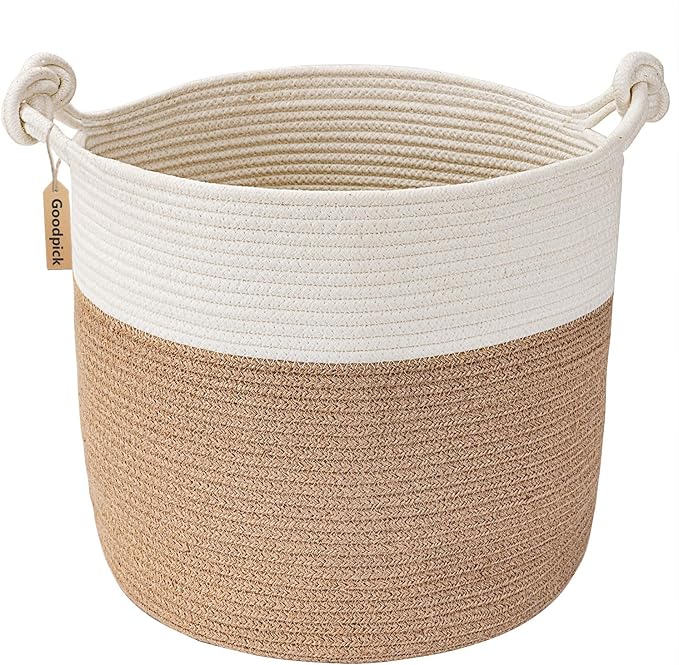 Goodpick Cotton Rope Storage Basket, 15 x 14.2 Inches Jute Woven Basket for Blankets Clothes Organizing, Baby Laundry Baskets Toy Storage With Handle, White Jute | Small Laundry Basket for Living Room Bedroom Nursery Décor, Toy Storage With Handle