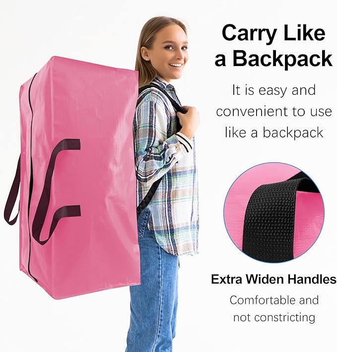 VELVETSURE 6 Pack Heavy Duty Large Moving Bags W/Backpack Straps - Strong Handles & Zippers, Storage Totes For Space Saving, Fold Flat, Alternative to Moving Box and Storage Bin, Pink